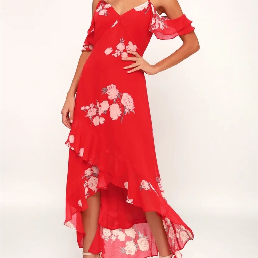 Red Floral Print Off-the-Shoulder High-Low Dress